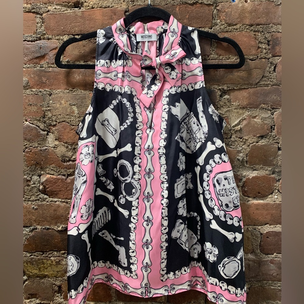 Vintage 90’s Moschino blouse. Can be tied at neck or have hang freely. Pristine.